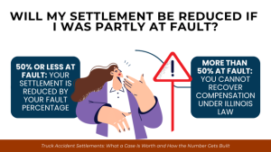 Woman beside a warning sign explains Illinois fault rules: reduced recovery at 50% or less and none above 50%.