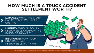 Person explaining how value of truck accident settlement depends on proving liability and damages in the context of available insurance coverage.